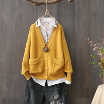 Autumn new V-neck solid color knitted cardigan jacket female external sweater wild sweater long sleeve loose short section