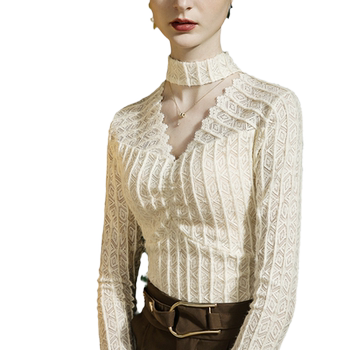 Women's slim-fitting stand-collar lace top with hollow out style