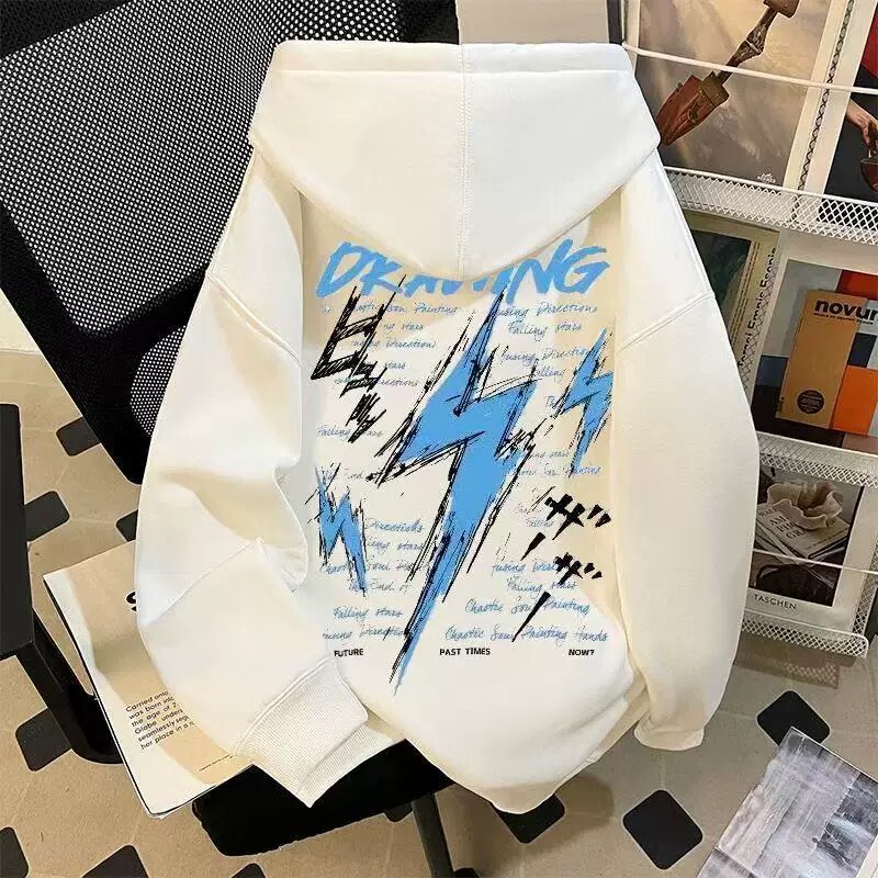 American Retro Trendy Brand Lightning Letter Print Hooded Sweatshirt for Boys and Girls, Autumn and Winter Loose Fleece-Lined Jacket Trendy