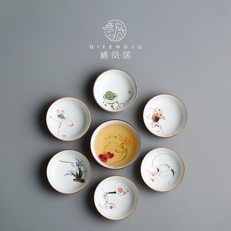 Meilan bamboo chrysanthemum hand-painted gold stone tea set Ash glaze incense cup Tea cup set handmade cup Jingdezhen