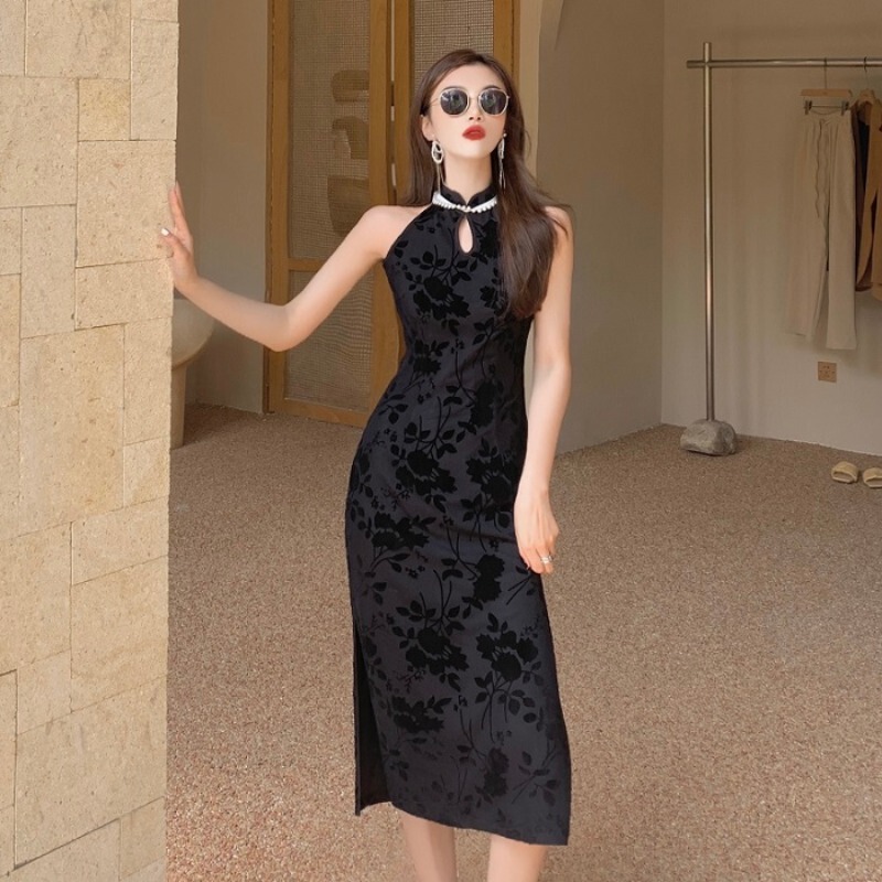 Black Cheongsam-Style Dress for Women, Summer 2022 New Model, Waist-Cinching, Hip-Hugging, Base Dress, Mid-Length, Slit Dress Black Cheongsam-Style Dress for Women, Summer 2022 New Model, Waist-Cinching, Hip-Hugging, Base Dress, Mid-Length, Slit Dress