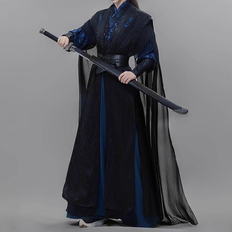 Blue Butterfly Embroidery Hanfu Set, Black and Blue Outfit with Han Elements, Gilet, Double-Breasted Long Gown, Unisex Warrior Set Blue Butterfly Embroidery Hanfu Set, Black and Blue Outfit with Han Elements, Gilet, Double-Breasted Long Gown, Unisex Warrior Set
