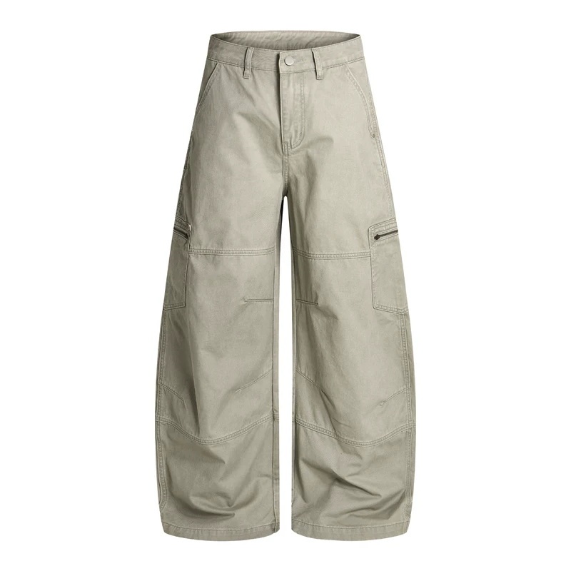 F329 Light Gray Stone-Washed Vintage Workwear Zipper Pocket Parachute-Style Pleated Design Scimitar Work Pants