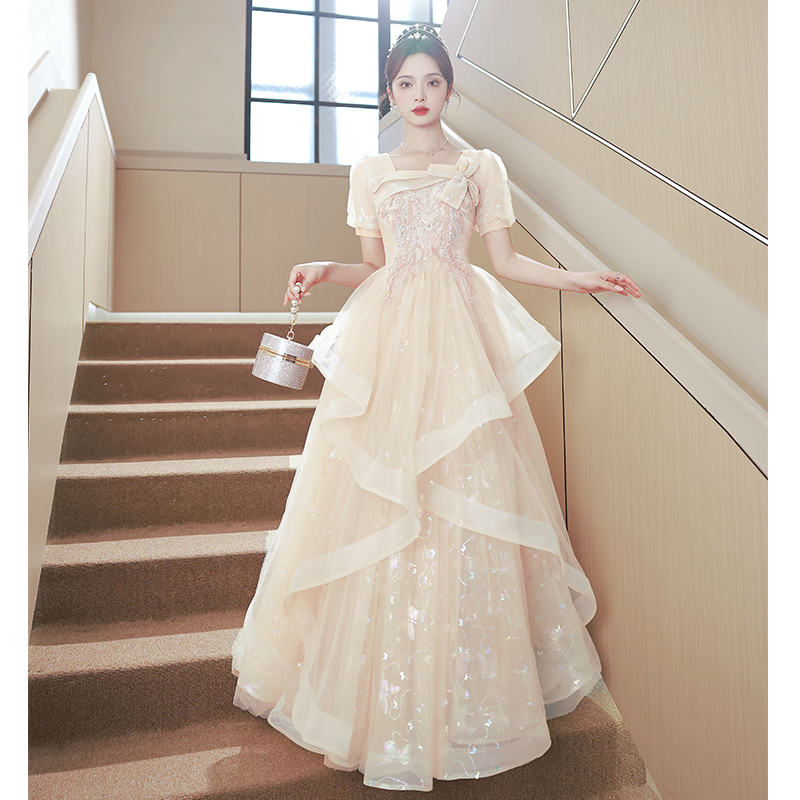 Advanced evening dress, champagne color, high-quality style, tutu skirt