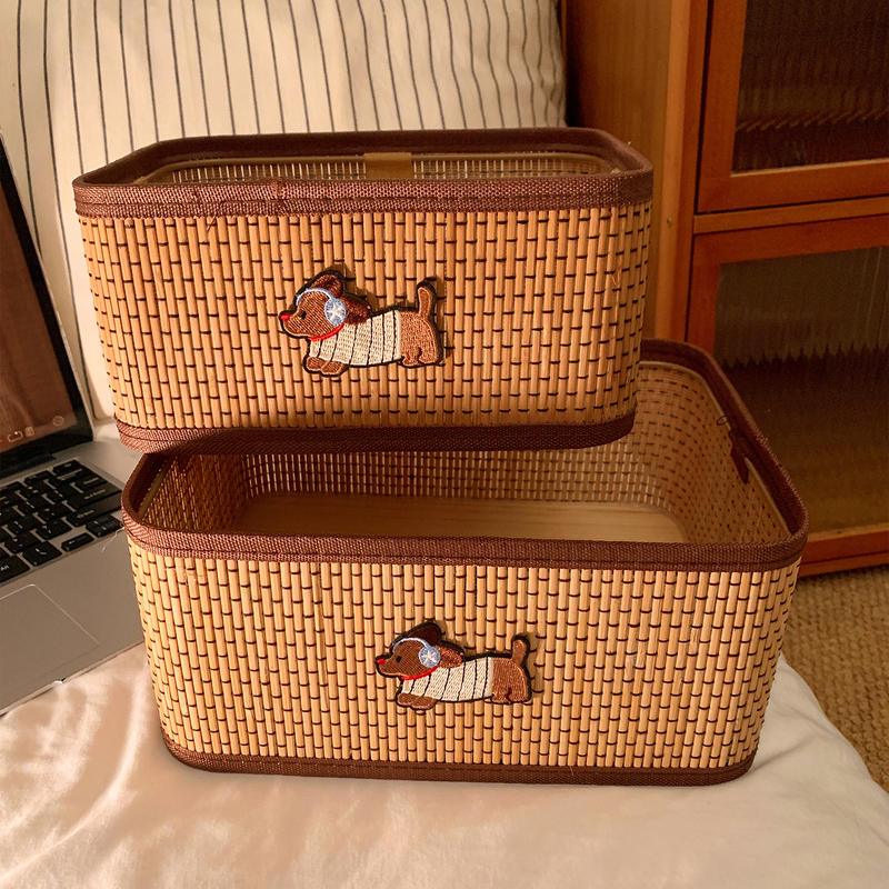 Cute Puppy Bamboo Woven Desktop Storage Box Organizer Portable Large-Capacity Storage Box Home Dormitory Storage Basket