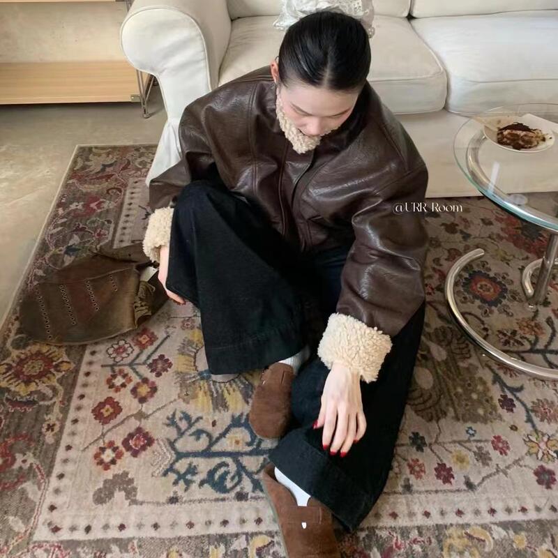 Ur Lamb Wool Spliced Leather Jacket for Women, Autumn and Winter Vintage Loose Biker Jacket, Fur Integrated Top Coat Ur Lamb Wool Spliced Leather Jacket for Women, Autumn and Winter Vintage Loose Biker Jacket, Fur Integrated Top Coat
