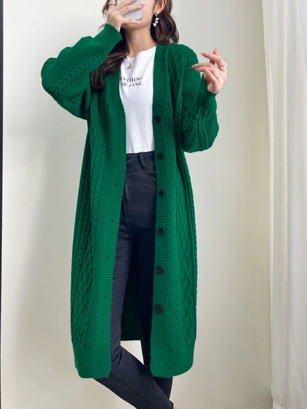Authentic New Sweater Coat for Women, Mid-Length, Thickened, Over-The-Knee Knitted Cardigan, V-Neck, Loose and Lazy Style Wool Sweater