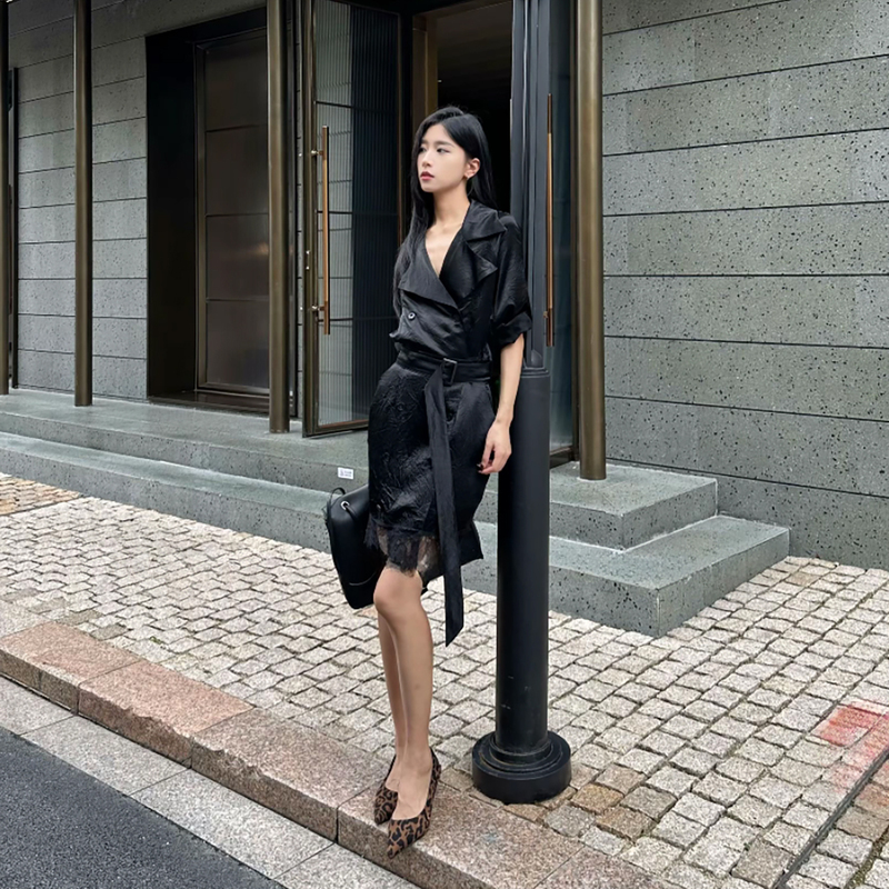 Acetate Texture Lace Hem French-Style Black Tie-Waist 2026 High-Quality Black Dress for Women Mid-Length Acetate Texture Lace Hem French-Style Black Tie-Waist 2026 High-Quality Black Dress for Women Mid-Length