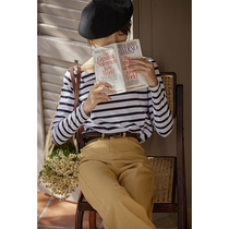 Beautiful emperor French black and white striped long-sleeved T-shirt spring short temperament thin base shirt womens inner match