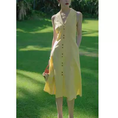 Beautiful Emperor chick yellow single-breasted French retro sleeveless shoulder shirt dress