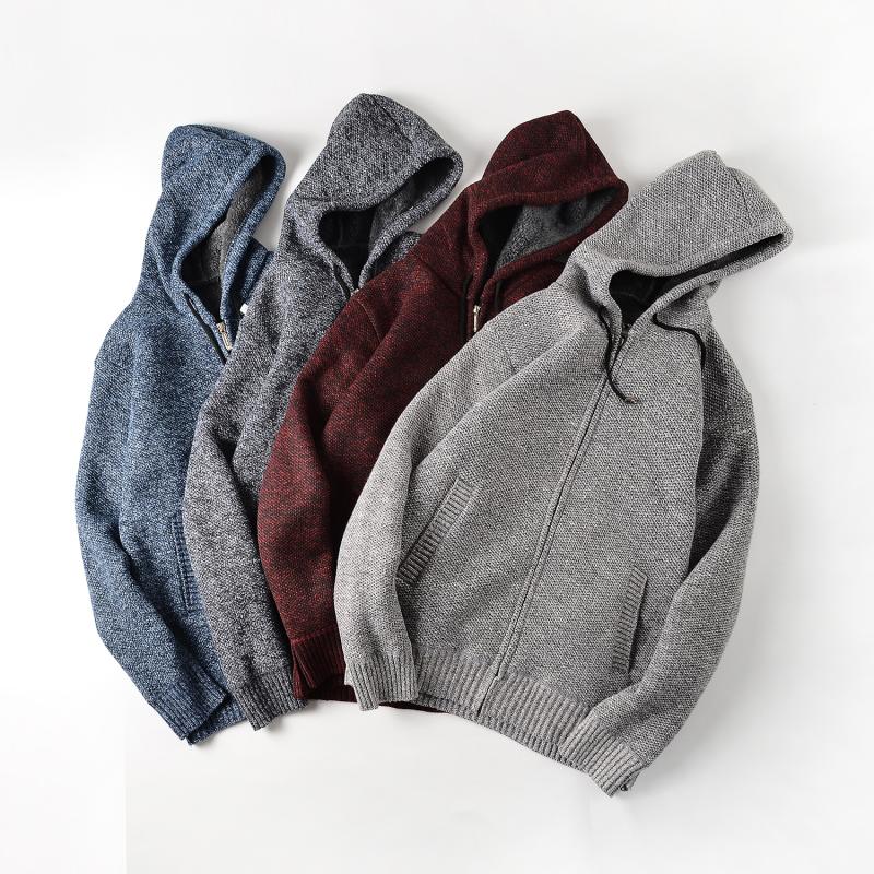 Thick Real Warm Foreign Trade Export Men's Wear Tail Single Autumn Winter Plus Suede Thickened Hat Knit Cardiovert Sweater Jacket