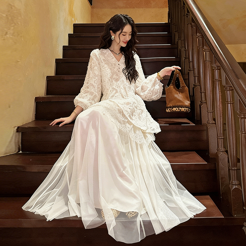 Sanji's Same Style [Mirror Flower Moon] New Chinese-Style Embroidered Early Spring Beautiful Dress, National Style Lace Patchwork Long Dress