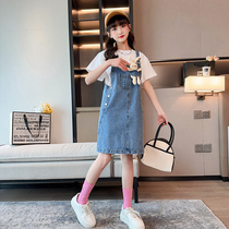 Girls denim suspender skirt summer childrens dress suit summer thin cartoon salty or sweet new skirt