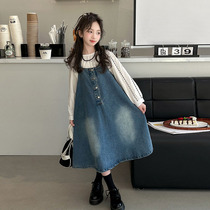 Girl Denim Braces Dress Spring Dress Suit CUHK Boy 2024 Spring New One-piece Dress Child Skirt Two-piece Set