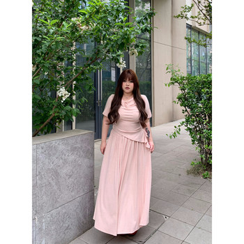 Dese's soft candy lazy style set two-piece pleated t-sleeved short-sleeved t-shirt top long style skirt with pockets