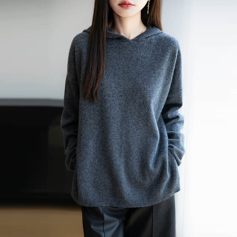 New Autumn and Winter Hooded 100% Pure Wool Sweater for Women, Loose and Lazy Style, Slit Hooded Sweater, Knitted Sweatshirt Hoodie