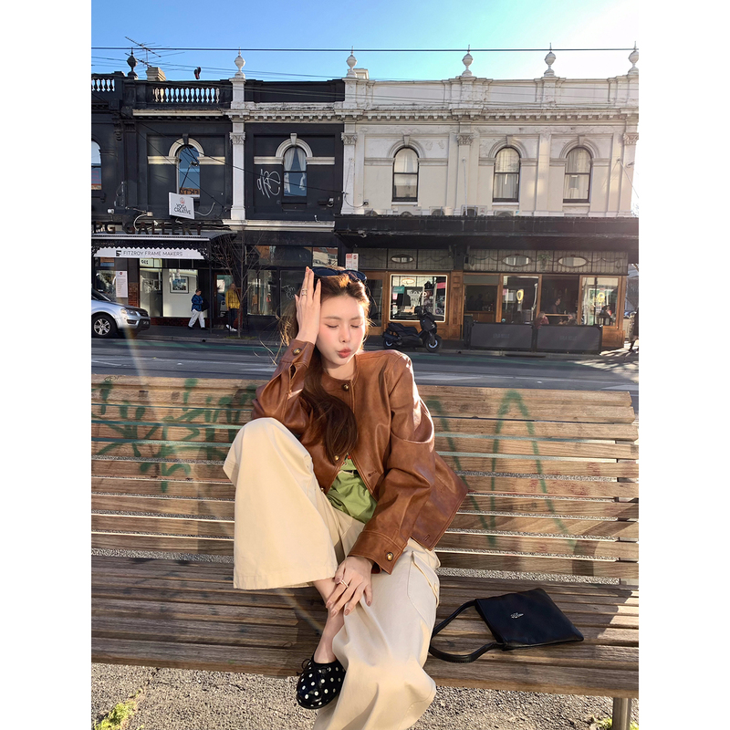 Realzz Zhangzhang 8/10 Tsim Sha Tsui Area High-End Jacket Retro Distressed Gold Buckle Leather Jacket Realzz Zhangzhang 8/10 Tsim Sha Tsui Area High-End Jacket Retro Distressed Gold Buckle Leather Jacket