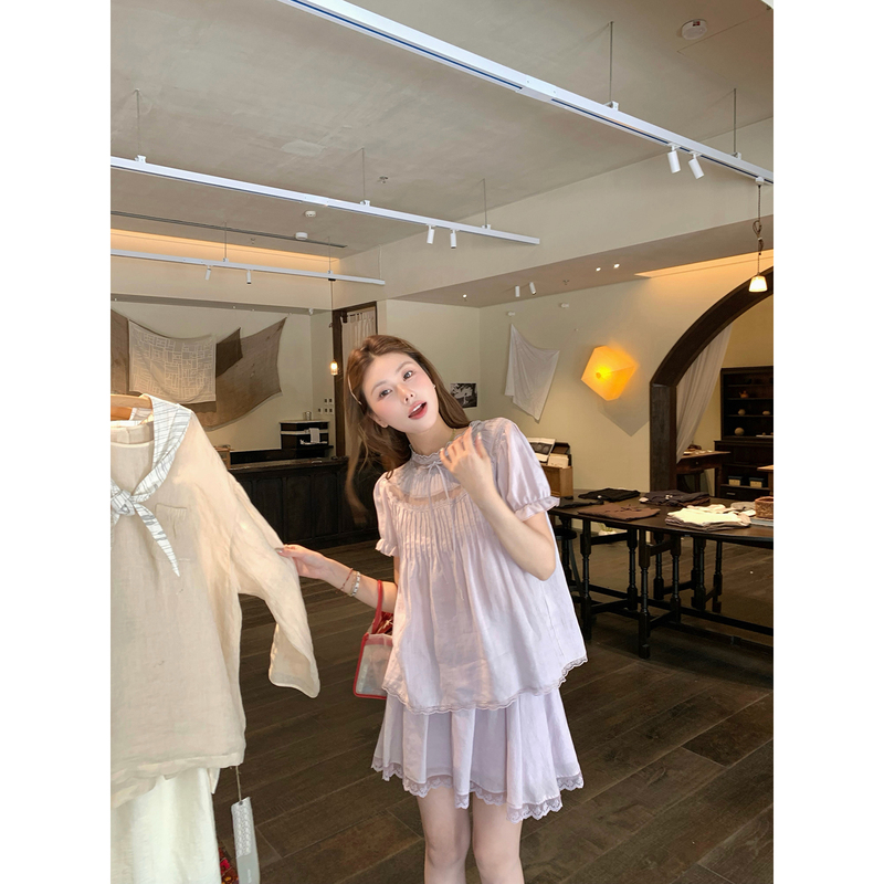 Realzz Official Yining Zhangzhang Ramie Misty Blouse Oxygen Lace Trim Doll Shirt Half Skirt