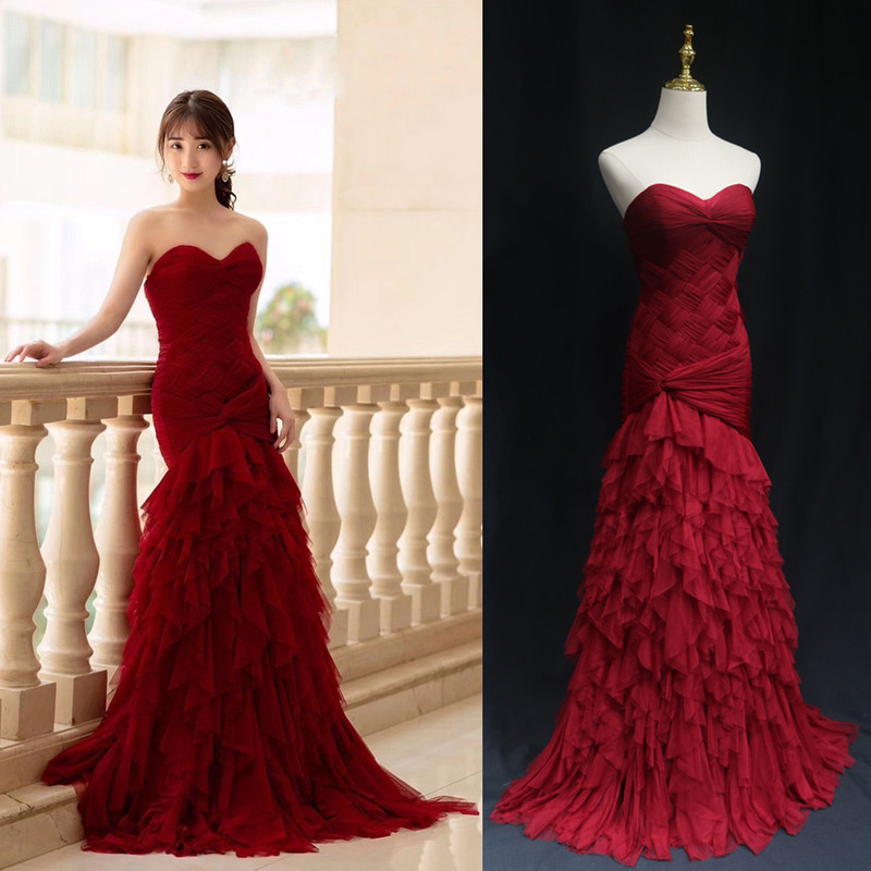 Slim-Fit Fishtail Evening Dress, Elegant Hostess Banquet Attire, Socialite Evening Wear, Fashionable Red Bridal Engagement Homecoming Toast Dress