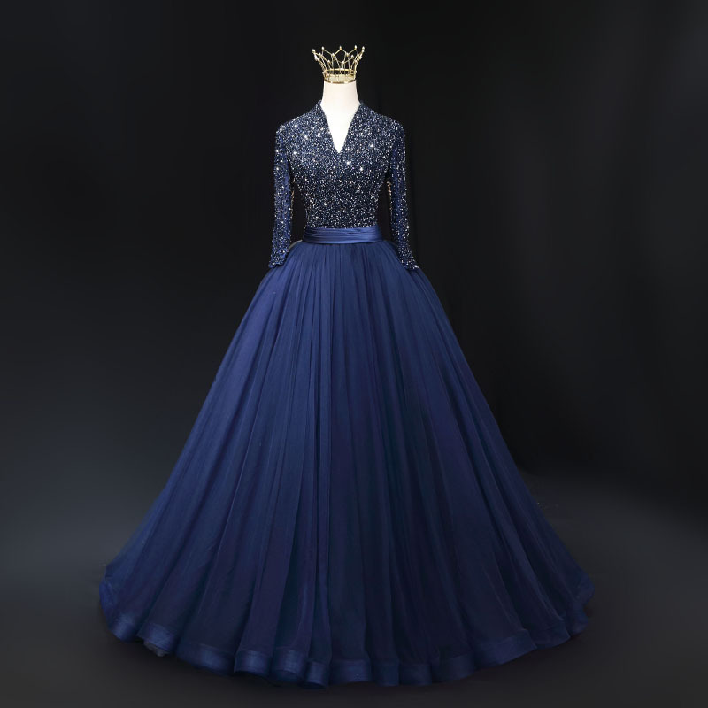 Heavy Beading, Sparkling Blue Long-Sleeved Vocal Performance Evening Dress, Slim Fit, Elegant Concert Host