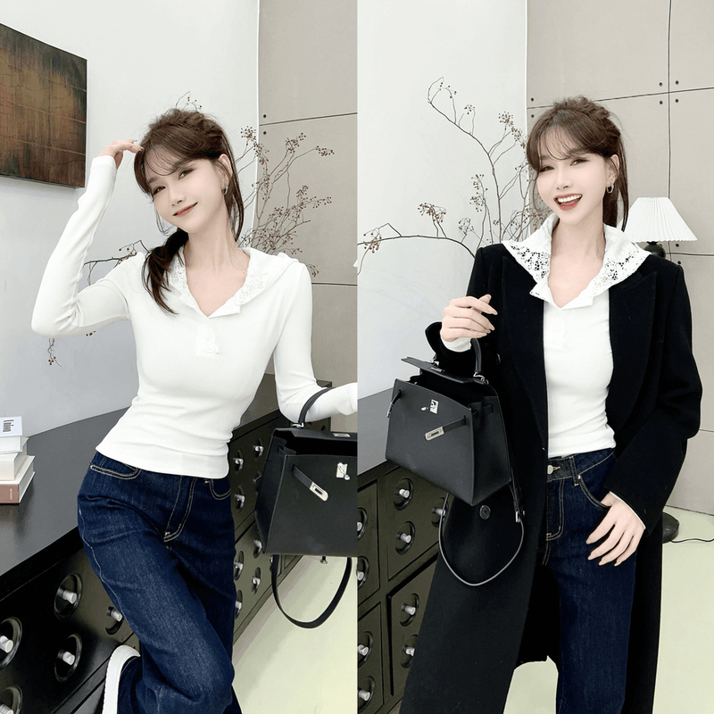 Kaka Women's Clothing Store Authentic Korean Style Simple and Stylish Embroidered Lace Versatile Hoodie Base Layer Top
