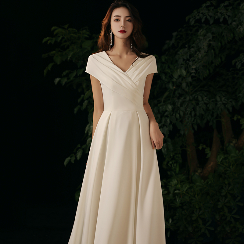 White Evening Dress, Annual Meeting Host Dress, Bridesmaid Dress, French-Style Stunning Engagement Satin Toast Dress, Bride