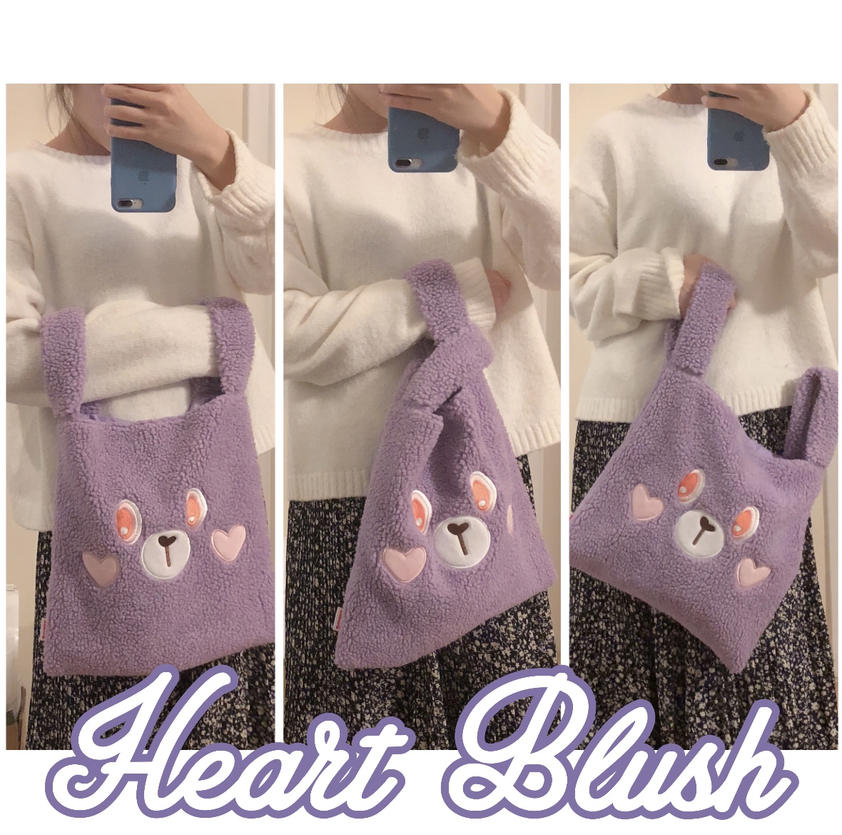 HEART BLUSH Original Miona Bunny Purple Shoulder Bag Embroidered Plush Shopping Tote Bag
