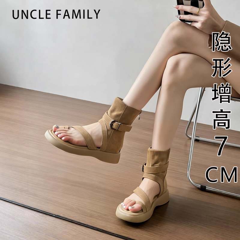 Hong Kong Genuine Leather Thick-Soled Height-Increasing Sandals for Women, 2026 New Summer Non-Slip Thong-Toe Leather Buckle Roman Boots