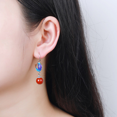 Серьги 原创古典中国风鲤鱼景泰蓝南红玛瑙耳坠复古纯银耳环个性气质耳饰