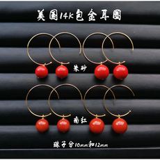 Серьги 时尚个性高级感天然南红圆珠耳环朱砂耳坠14k包金大耳圈简约耳饰
