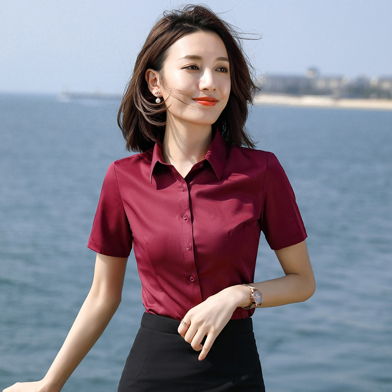 Burgundy Shirt Women's Short-Sleeved Summer New Professional Slim Shirt Temperament Workwear Stretch Formal White Top