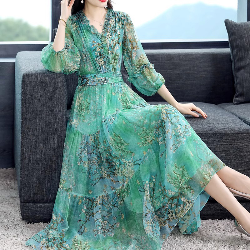Clearance Sale~ High-End Printed Silk Dress from a Department Store, Spring and Autumn, Waist-Cinching, Slimming, Mulberry Silk Dress