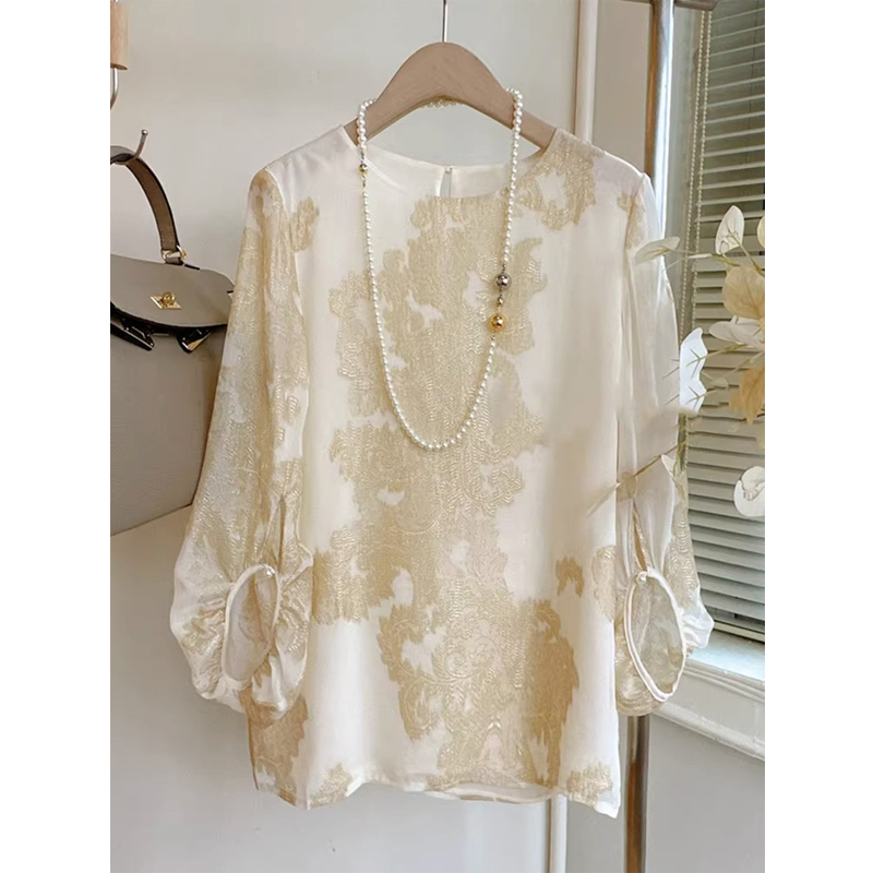 Clearance Sale~ New Chinese-Style Jacquard Silk Shirt for Women with Lantern Sleeves, Spring Collection
