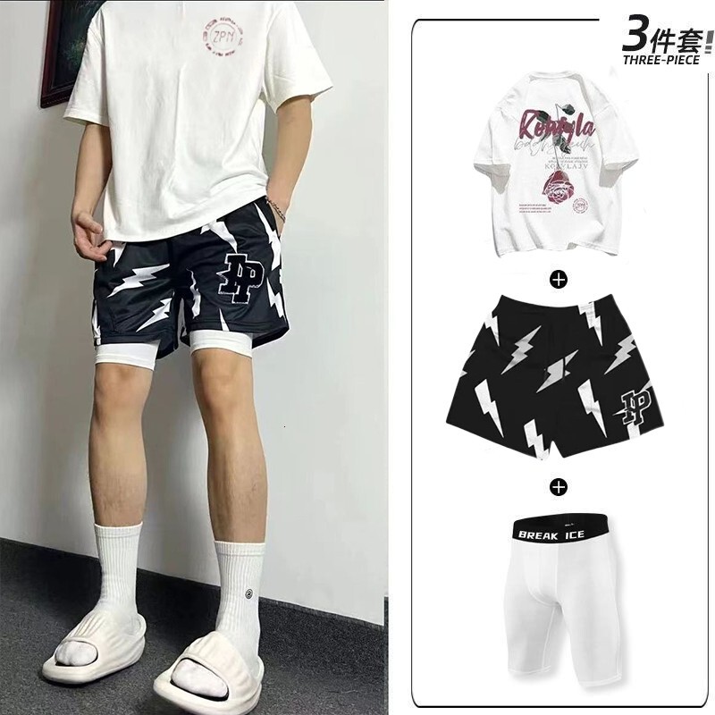 American-Style Trendy Basketball Set, Men's Summer Sports Basketball Three-Piece Set, Casual Pure Cotton Short-Sleeved Quarter Shorts American-Style Trendy Basketball Set, Men's Summer Sports Basketball Three-Piece Set, Casual Pure Cotton Short-Sleeved Quarter Shorts