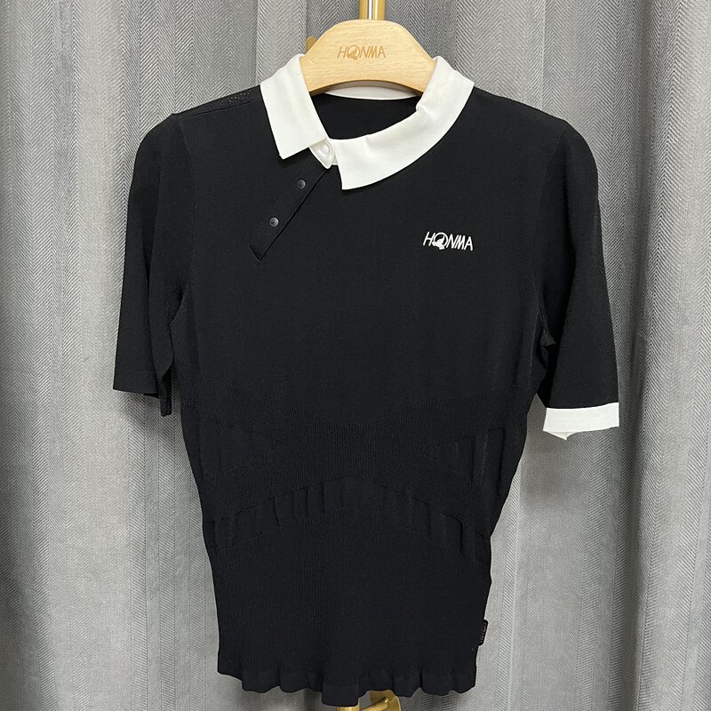 Honma New Women's Golf Short-Sleeved Knit Shirt, Fashionable, Slim-Fitting, Color-Blocking, Diagonal Collar, Versatile Polo Shirt