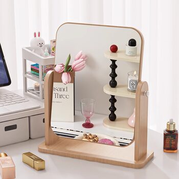 Cosmetic mirror table top wooden rotating mirror