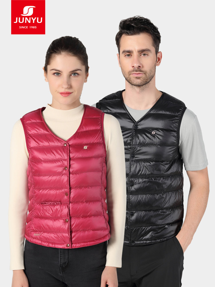 Junyu outdoor down jacket men's vest autumn and winter fashion women's warm goose down vest V-neck 800 peng B51003
