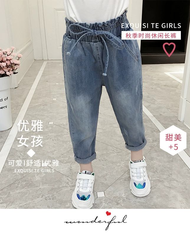 Quần bé gái 2018 mùa thu mới phiên bản Hàn Quốc của quần jeans trẻ em nước ngoài Quần bé gái hoa eo cao quần harem