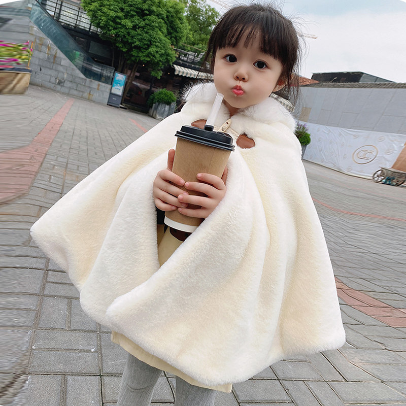 Girl Cloister Cape Autumn Winter Out for Windproof Cute Princess Shawl Cape Child Female Baby Big Fur Collar Thickened Warm-Taobao