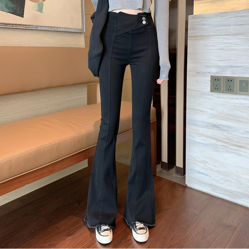 黑色高腰显瘦显高坠感微喇叭牛仔裤子女秋冬2019新款阔腿拖地长裤