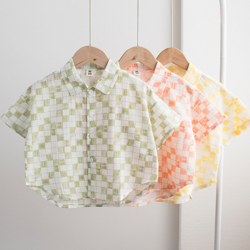 Very light and soft boy shirt 2021 Summer Korean version slim fit jacket baby pure cotton short sleeve foreign to loose and breathable