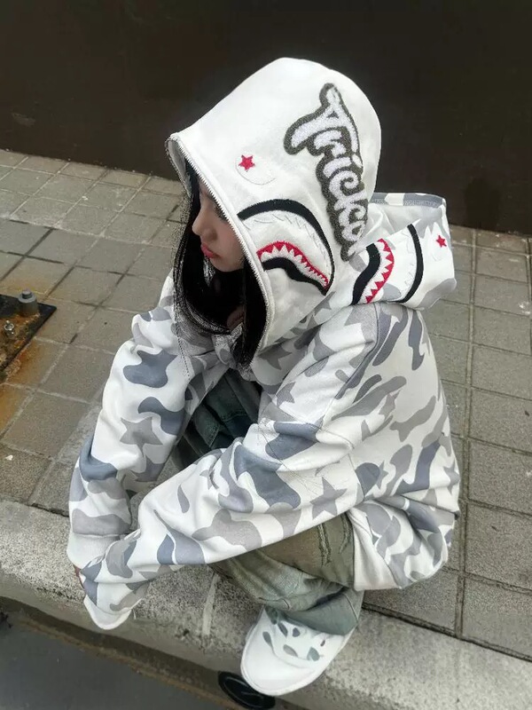 Baicai Original American Retro Shark Head Double-Hood Camouflage Zip-Up Hoodie Cardigan Autumn National Trend Jacket