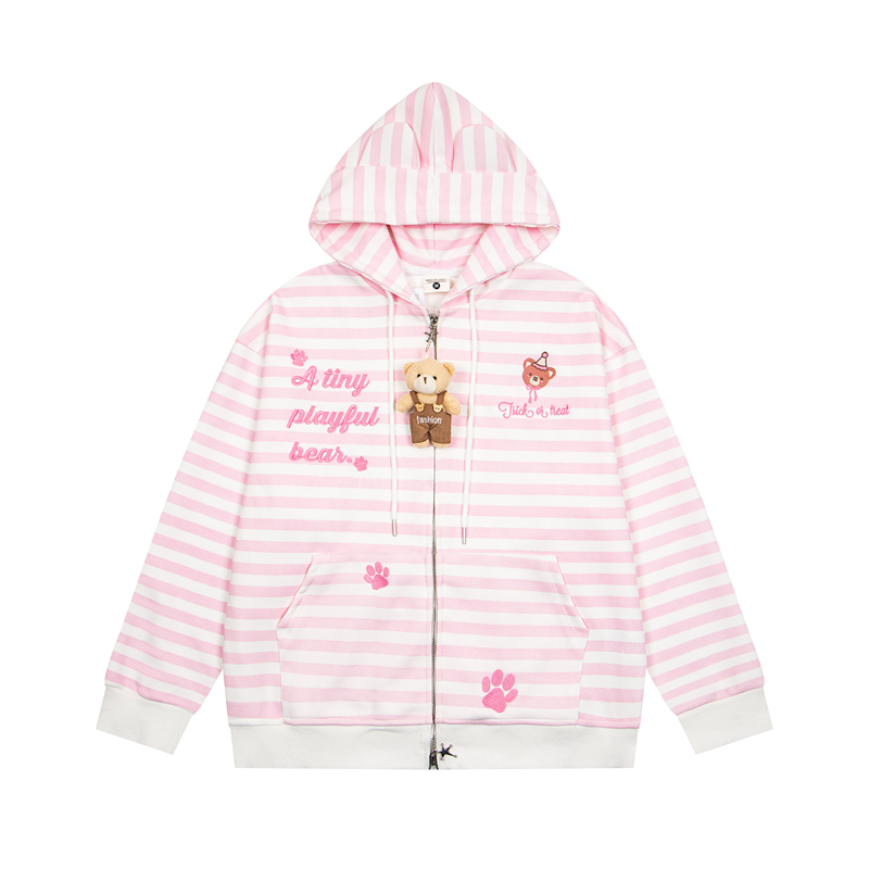Baicai Original Striped Fun Bear Ear Embroidery Hooded Jacket Autumn Cute Cartoon Loose Versatile Top