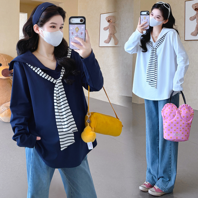 Maternity Wear Autumn New Long-Sleeved Fashionable Navy Collar Striped Shawl Ribbon Versatile T-Shirt Loose Maternity Top Maternity Wear Autumn New Long-Sleeved Fashionable Navy Collar Striped Shawl Ribbon Versatile T-Shirt Loose Maternity Top