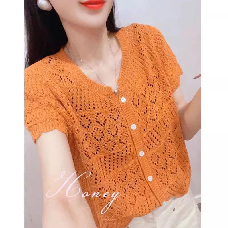 Ice Silk Hollow Sweater Women's Short Sleeve 2024 Summer New Style Cardigan T-Shirt Fashionable and Easiest for Match Top