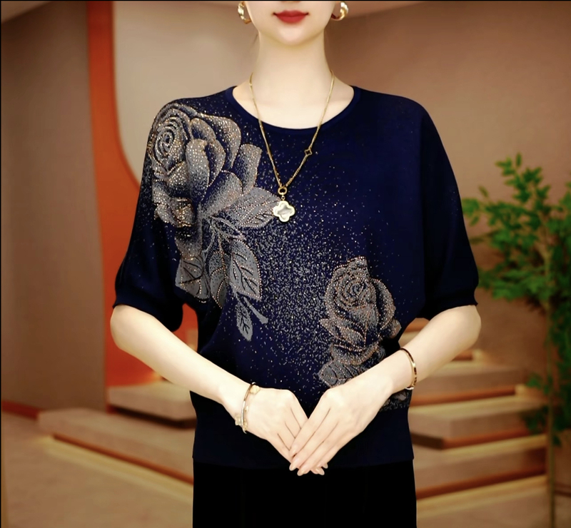 Fashionable and Stylish Mother's Clothing Short-Sleeved Ice Silk Knit Top for Women 2026 Summer New Loose Versatile Color-Blocked Thin Top