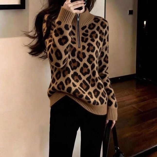 High-End Fashion Leopard Print Knit Sweater Top 2025 Autumn and Winter New Thickened Warm Age-Reducing Base Sweater