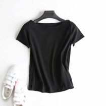 Foreign Trade Outlet Big-tail Single Womens High-end Withdrawal of the High-end Withdrawal Counter single-lined Shoulder Down Swing Open Fork Short Sleeve T-shirt