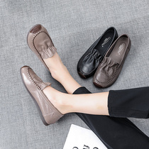 New Genuine Leather Mom Spring Autumn Single Shoes Retro Casual Shoes Soft Leather Soft Bottom Comfort Flat Bottom Middle-aged old Bean Bean Shoes
