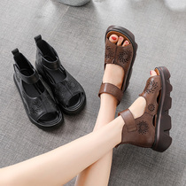 2020 Summer New Sandals Women Genuine Leather High Heels Shoes Mom Shoes Thick Base Cool Boots Women Shoes Hollowed-out Roman Shoe Leather Shoes
